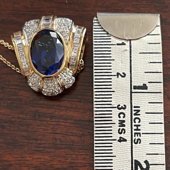 Kashmir sapphire cz gold plated solid sterling silver pendant & gold tone chain - Picture 4 of 7